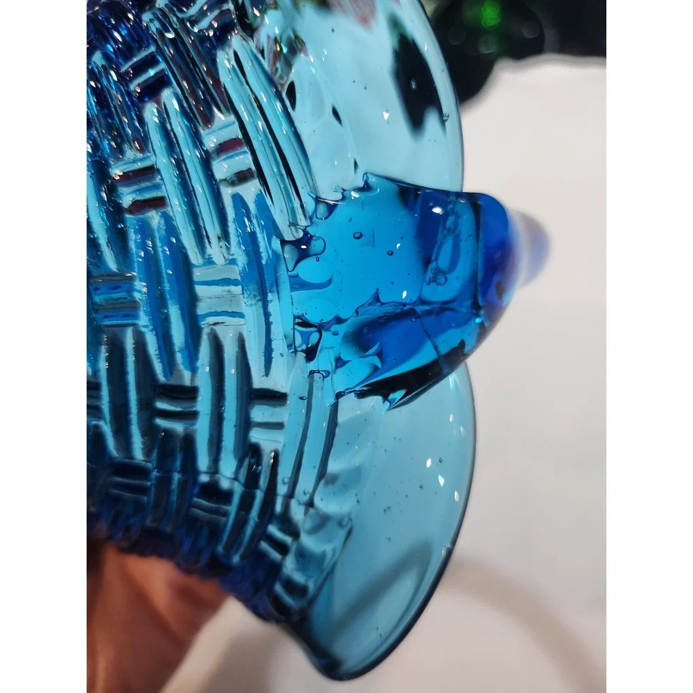 Fenton Style~ Basketweave Basket~ Ruffled~Crimped~Blue Glass~Trinket~Candy Dish